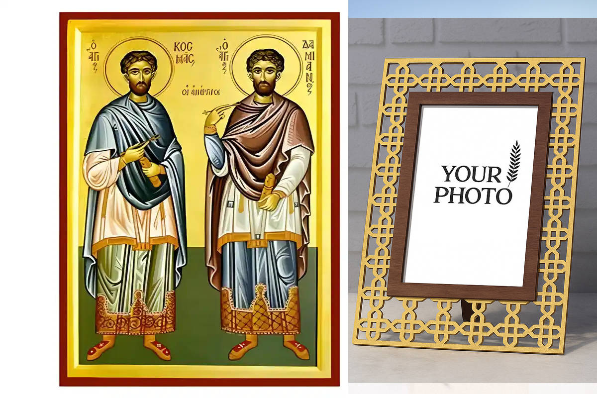 Σετ των 2 Εικόνα Ορθοδοξίας Πολυτελείας  με  σχεδιο Σταυρούς μαζι με  Βάση σε  8 χρώματα με περίγραμμα χρυσό σε ξύλο Plywood (Πλακάζ)   με  βάση Εικόνα Άγιοι Ανάργυροι Χειροποίητη Ελληνορθόδοξη , Κρεμαστή πλάκα βυζαντινής τέχνης, χριστιανική τέχνη Διάστασ