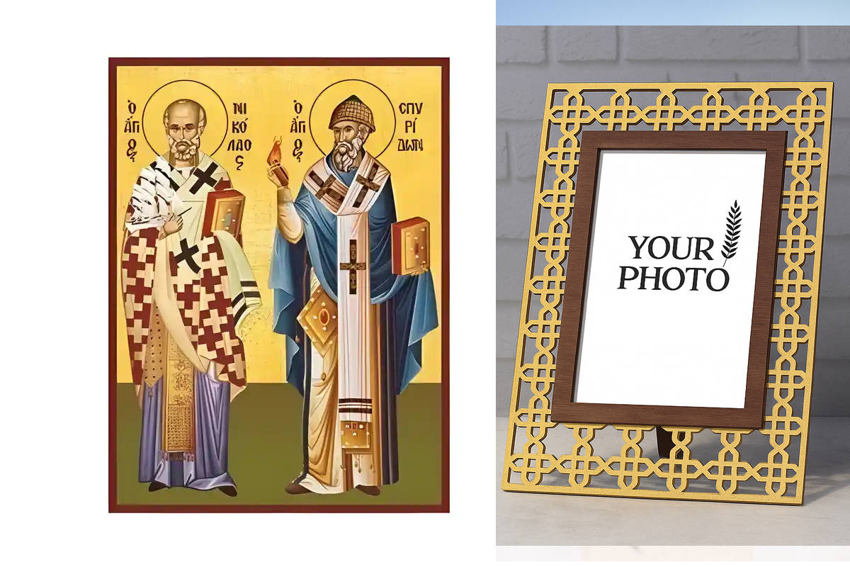 Εικόνα Ορθοδοξίας Πολυτελείας  με  σχεδιο Σταυρούς μαζι με  Βάση σε  8 χρώματα με περίγραμμα χρυσό σε ξύλο Plywood (Πλακάζ)   με  βάση Εικόνα Άγιοι Νικόλαος και Σπυρίδων Χειροποίητη Ελληνορθόδοξη , Κρεμαστή πλάκα βυζαντινής τέχνης, χριστιανική τέχνη Διάστ