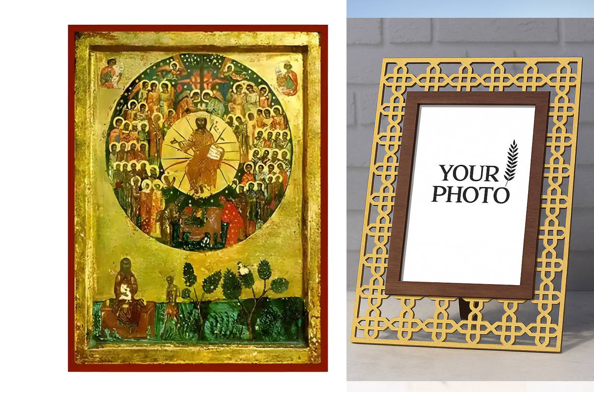 Εικόνα Ορθοδοξίας Πολυτελείας  με  σχεδιο Σταυρούς μαζι με  Βάση σε  8 χρώματα με περίγραμμα χρυσό σε ξύλο Plywood (Πλακάζ)   με  βάση Εικόνα Άγιοι Πάντες Χειροποίητη Ελληνορθόδοξη , Κρεμαστή πλάκα βυζαντινής τέχνης, χριστιανική τέχνη Διάσταση 10x7 cm (3,