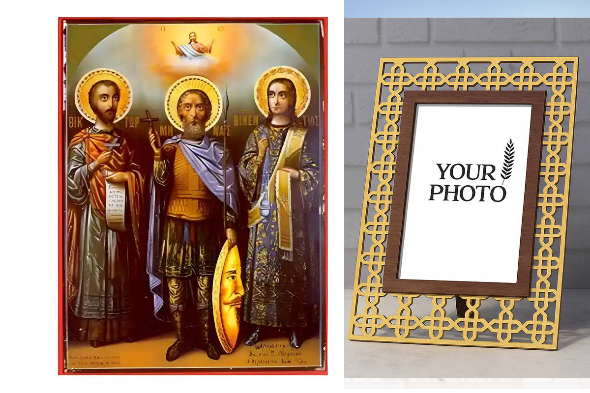 Σετ των 2 Εικόνα Ορθοδοξίας Πολυτελείας  με  σχεδιο Σταυρούς μαζι με  Βάση σε  8 χρώματα με περίγραμμα χρυσό σε ξύλο Plywood (Πλακάζ)   με  βάση Εικόνα Άγιοι Βίκτωρ Δαμασκού, Μηνάς Αιγύπτου και Βικέντιος Ισπανίας Χειροποίητη Ελληνορθόδοξη , Κρεμαστή πλάκα