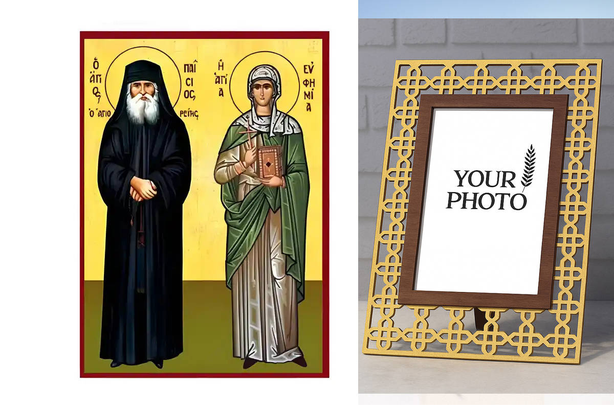 Σετ των 2 Εικόνα Ορθοδοξίας Πολυτελείας  με  σχεδιο Σταυρούς μαζι με  Βάση σε  8 χρώματα με περίγραμμα χρυσό σε ξύλο Plywood (Πλακάζ)   με  βάση Εικόνα Άγιος Παΐσιος και Ευφημία Χειροποίητη Ελληνορθόδοξη , Κρεμαστή πλάκα βυζαντινής τέχνης, χριστιανική τέχ