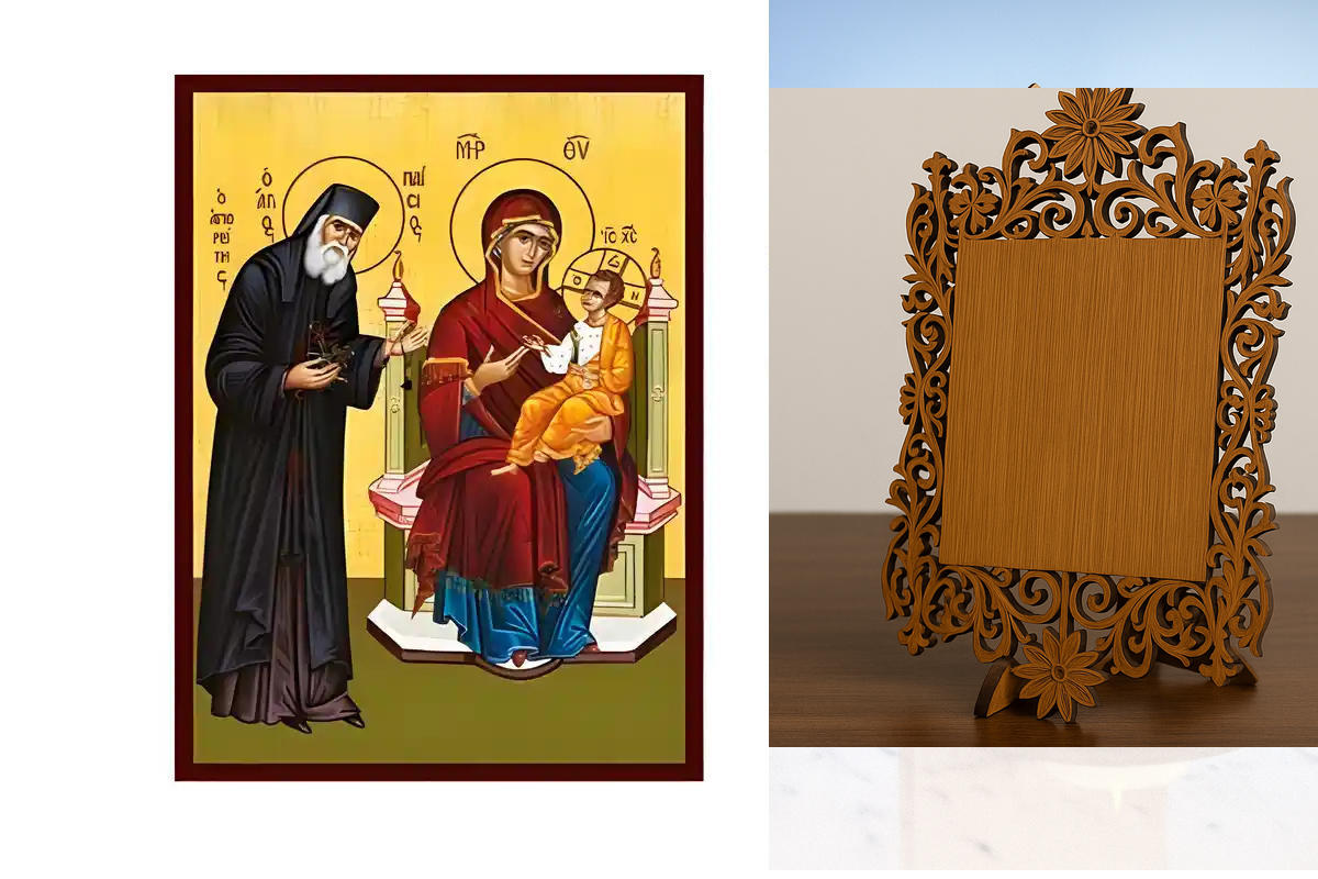 Σετ των 2 Εικόνα Ορθοδοξίας Δαντέλα μαζι με  Βάση σε  8 χρώματα με περίγραμμα χρυσό σε ξύλο Plywood (Πλακάζ)   με  βάση Εικόνα Άγιος Παΐσιος και Παναγία Χειροποίητη Ελληνορθόδοξη , Κρεμαστή πλάκα βυζαντινής τέχνης, χριστιανική τέχνη Διάσταση 10x7 cm (3,9