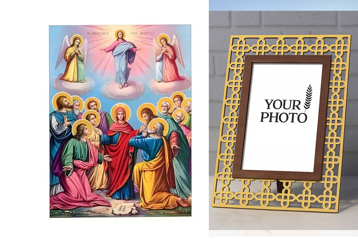 Εικόνα Ορθοδοξίας Πολυτελείας  με  σχεδιο Σταυρούς μαζι με  Βάση σε  8 χρώματα με περίγραμμα χρυσό σε ξύλο Plywood (Πλακάζ)   με  βάση Εικόνα Ανάληψη Χριστού Χειροποίητη Ελληνορθόδοξη , Κρεμαστή πλάκα βυζαντινής τέχνης, χριστιανική τέχνη Διάσταση 10x7 cm