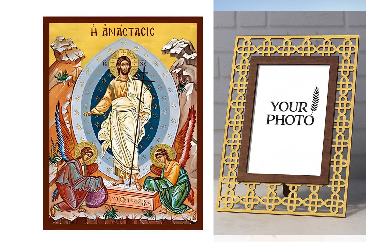 Εικόνα Ορθοδοξίας Πολυτελείας  με  σχεδιο Σταυρούς μαζι με  Βάση σε  8 χρώματα με περίγραμμα χρυσό σε ξύλο Plywood (Πλακάζ)   με  βάση Εικόνα Ανάσταση Χριστού Χειροποίητη Ελληνορθόδοξη , Κρεμαστή πλάκα βυζαντινής τέχνης, χριστιανική τέχνη Διάσταση 10x7 cm