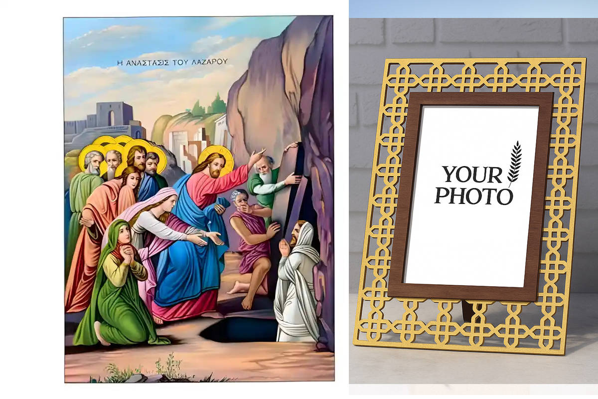 Εικόνα Ορθοδοξίας Πολυτελείας  με  σχεδιο Σταυρούς μαζι με  Βάση σε  8 χρώματα με περίγραμμα χρυσό σε ξύλο Plywood (Πλακάζ)   με  βάση Εικόνα Έγερση Λαζάρου Χειροποίητη Ελληνορθόδοξη , Κρεμαστή πλάκα βυζαντινής τέχνης, χριστιανική τέχνη Διάσταση 10x7 cm (