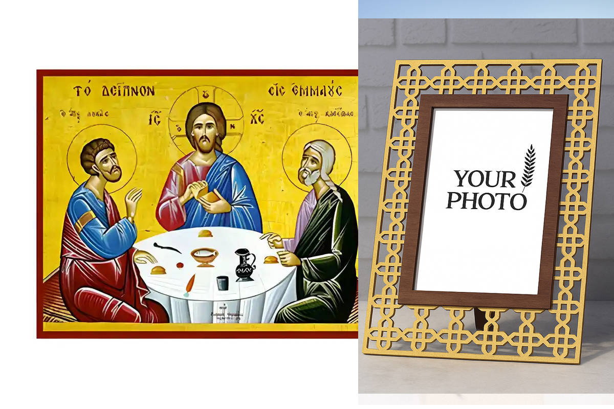 Εικόνα Ορθοδοξίας Πολυτελείας  με  σχεδιο Σταυρούς μαζι με  Βάση σε  8 χρώματα με περίγραμμα χρυσό σε ξύλο Plywood (Πλακάζ)   με  βάση Εικόνα Δείπνο εις Εμμαούς Χειροποίητη Ελληνορθόδοξη , Κρεμαστή πλάκα βυζαντινής τέχνης, χριστιανική τέχνη Διάσταση 10x7