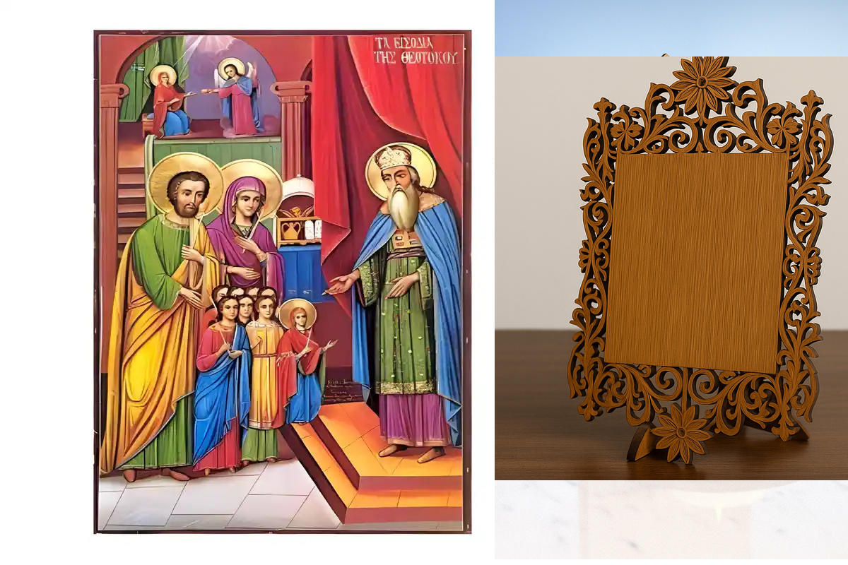 Σετ των 2 Εικόνα Ορθοδοξίας Δαντέλα μαζι με  Βάση σε  8 χρώματα με περίγραμμα χρυσό σε ξύλο Plywood (Πλακάζ)   με  βάση Εικόνα Εισόδια της Θεοτόκου Χειροποίητη Ελληνορθόδοξη , Κρεμαστή πλάκα βυζαντινής τέχνης, χριστιανική τέχνη Διάσταση 10x7 cm (3,9 x 2,8
