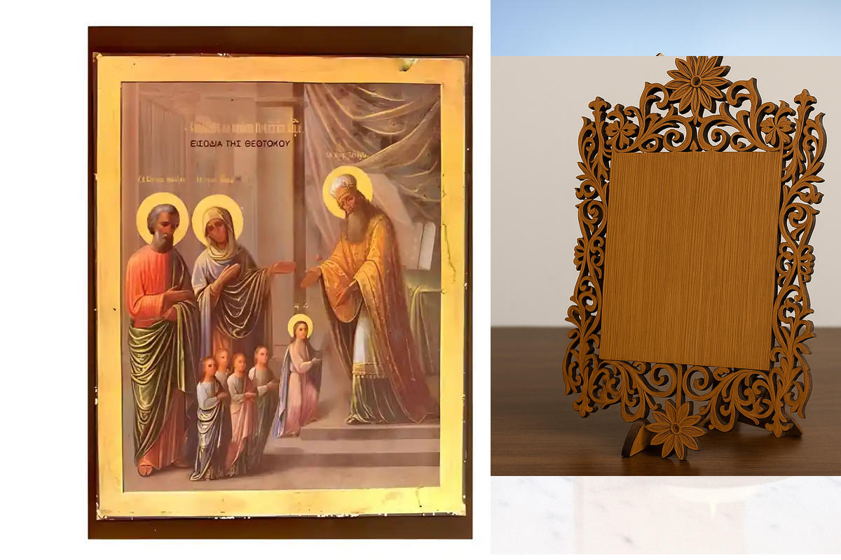Σετ των 2 Εικόνα Ορθοδοξίας Δαντέλα μαζι με  Βάση σε  8 χρώματα με περίγραμμα χρυσό σε ξύλο Plywood (Πλακάζ)   με  βάση Εικόνα Εισόδια της Θεοτόκου Χειροποίητη Ελληνορθόδοξη , Κρεμαστή πλάκα βυζαντινής τέχνης, χριστιανική τέχνη Διάσταση 10x7 cm (3,9 x 2,8
