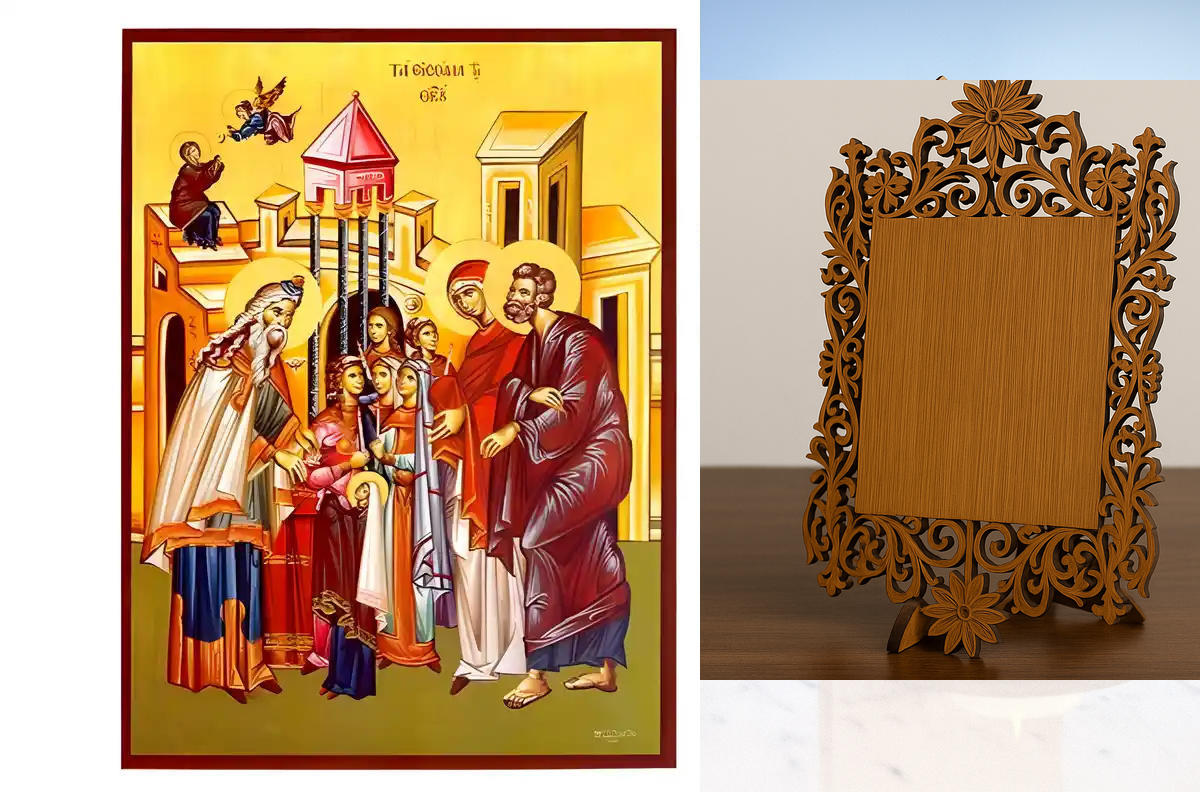Σετ των 2 Εικόνα Ορθοδοξίας Δαντέλα μαζι με  Βάση σε  8 χρώματα με περίγραμμα χρυσό σε ξύλο Plywood (Πλακάζ)   με  βάση Εικόνα Εισόδια της Θεοτόκου Χειροποίητη Ελληνορθόδοξη , Κρεμαστή πλάκα βυζαντινής τέχνης, χριστιανική τέχνη Διάσταση 10x7 cm (3,9 x 2,8