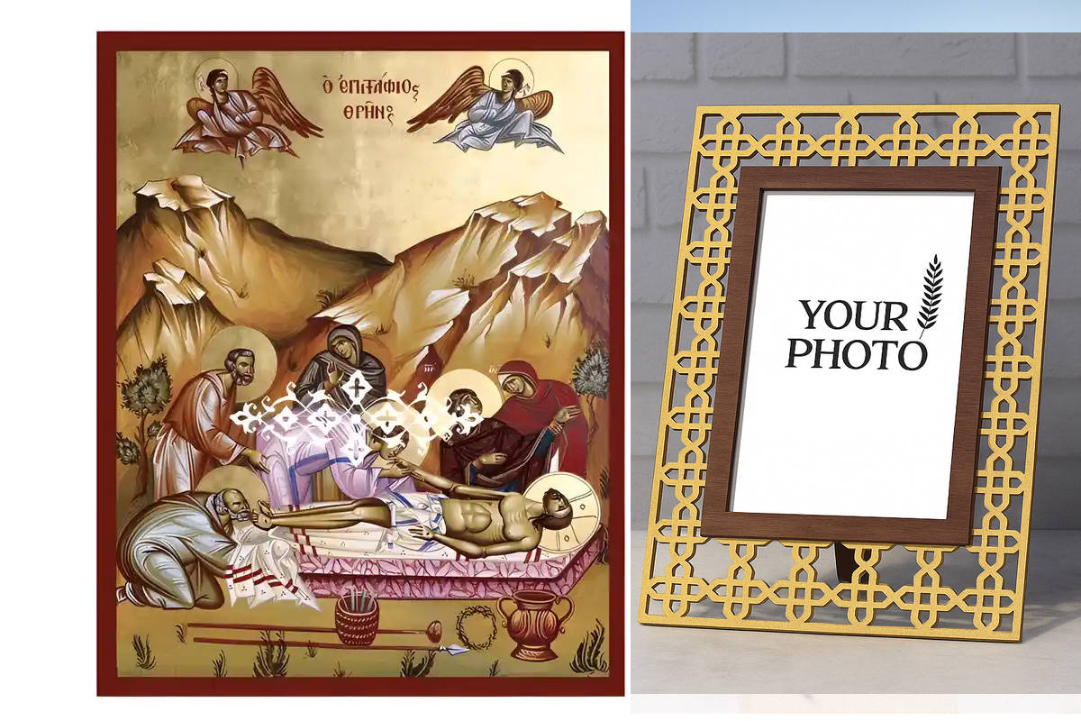 Εικόνα Ορθοδοξίας Πολυτελείας  με  σχεδιο Σταυρούς μαζι με  Βάση σε  8 χρώματα με περίγραμμα χρυσό σε ξύλο Plywood (Πλακάζ)   με  βάση Εικόνα Επιτάφιος Θρήνος Χειροποίητη Ελληνορθόδοξη , Κρεμαστή πλάκα βυζαντινής τέχνης, χριστιανική τέχνη Διάσταση 10x7 cm