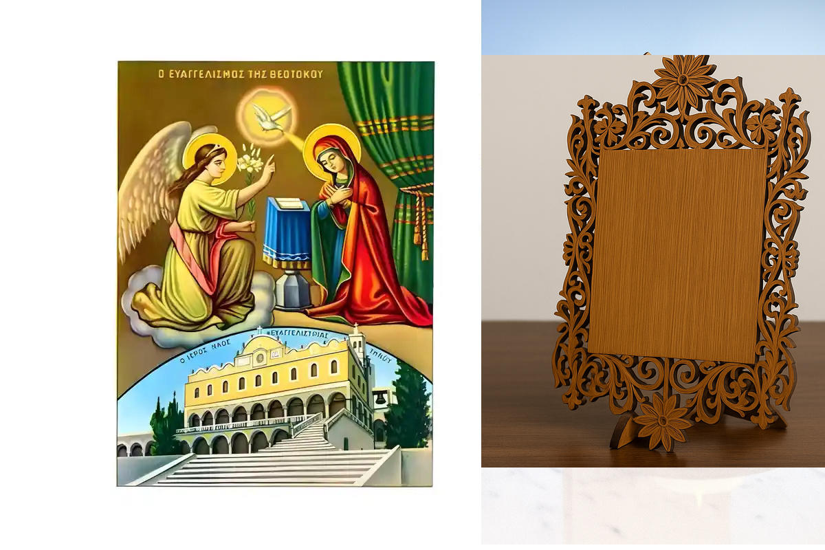 Σετ των 2 Εικόνα Ορθοδοξίας Δαντέλα μαζι με  Βάση σε  8 χρώματα με περίγραμμα χρυσό σε ξύλο Plywood (Πλακάζ)   με  βάση Εικόνα Ευαγγελισμός της Θεοτόκου Χειροποίητη Ελληνορθόδοξη , Κρεμαστή πλάκα βυζαντινής τέχνης, χριστιανική τέχνη Διάσταση 10x7 cm (3,9