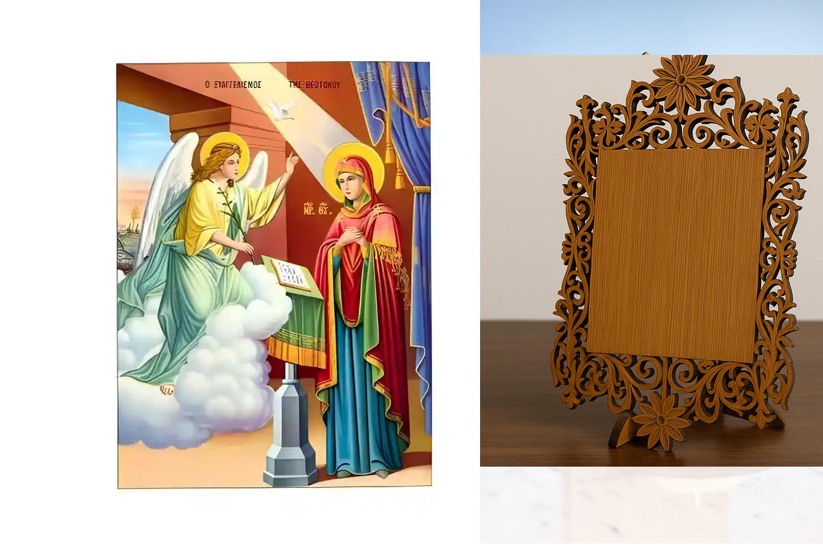 Σετ των 2 Εικόνα Ορθοδοξίας Δαντέλα μαζι με  Βάση σε  8 χρώματα με περίγραμμα χρυσό σε ξύλο Plywood (Πλακάζ)   με  βάση Εικόνα Ευαγγελισμός της Θεοτόκου Χειροποίητη Ελληνορθόδοξη , Κρεμαστή πλάκα βυζαντινής τέχνης, χριστιανική τέχνη Διάσταση 10x7 cm (3,9
