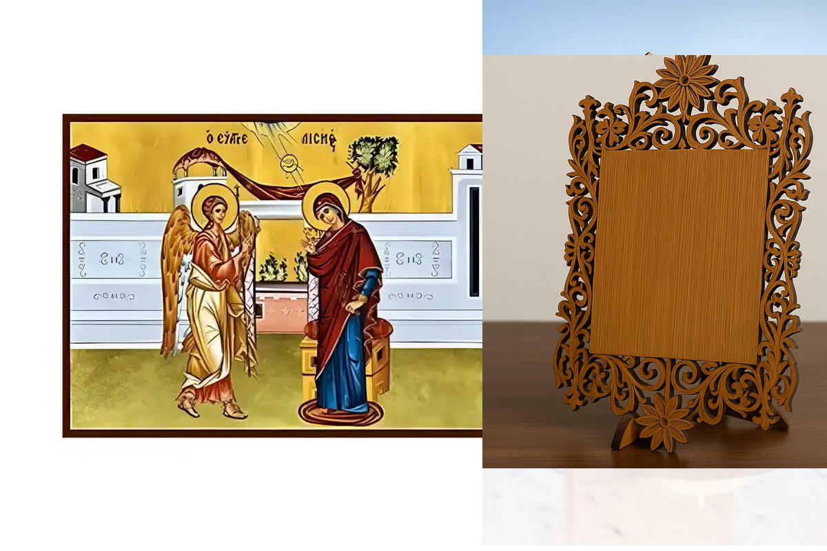 Σετ των 2 Εικόνα Ορθοδοξίας Δαντέλα μαζι με  Βάση σε  8 χρώματα με περίγραμμα χρυσό σε ξύλο Plywood (Πλακάζ)   με  βάση Εικόνα Ευαγγελισμός της Θεοτόκου Χειροποίητη Ελληνορθόδοξη , Κρεμαστή πλάκα βυζαντινής τέχνης, χριστιανική τέχνη Διάσταση 10x7 cm (3,9