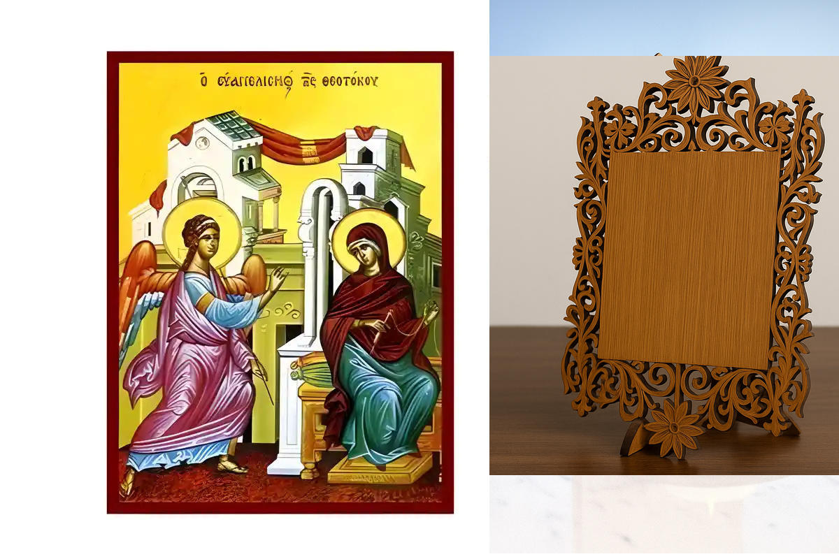 Σετ των 2 Εικόνα Ορθοδοξίας Δαντέλα μαζι με  Βάση σε  8 χρώματα με περίγραμμα χρυσό σε ξύλο Plywood (Πλακάζ)   με  βάση Εικόνα Ευαγγελισμός της Θεοτόκου Χειροποίητη Ελληνορθόδοξη , Κρεμαστή πλάκα βυζαντινής τέχνης, χριστιανική τέχνη Διάσταση 10x7 cm (3,9