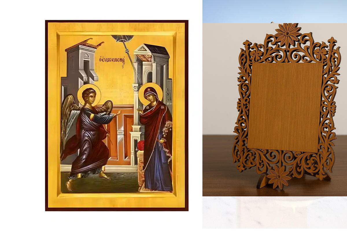 Σετ των 2 Εικόνα Ορθοδοξίας Δαντέλα μαζι με  Βάση σε  8 χρώματα με περίγραμμα χρυσό σε ξύλο Plywood (Πλακάζ)   με  βάση Εικόνα Ευαγγελισμός της Θεοτόκου Χειροποίητη Ελληνορθόδοξη , Κρεμαστή πλάκα βυζαντινής τέχνης, χριστιανική τέχνη Διάσταση 10x7 cm (3,9