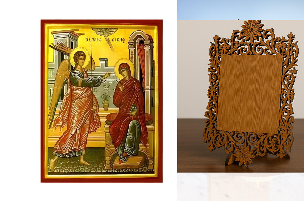 Σετ των 2 Εικόνα Ορθοδοξίας Δαντέλα μαζι με  Βάση σε  8 χρώματα με περίγραμμα χρυσό σε ξύλο Plywood (Πλακάζ)   με  βάση Εικόνα Ευαγγελισμός της Θεοτόκου Χειροποίητη Ελληνορθόδοξη , Κρεμαστή πλάκα βυζαντινής τέχνης, χριστιανική τέχνη Διάσταση 10x7 cm (3,9