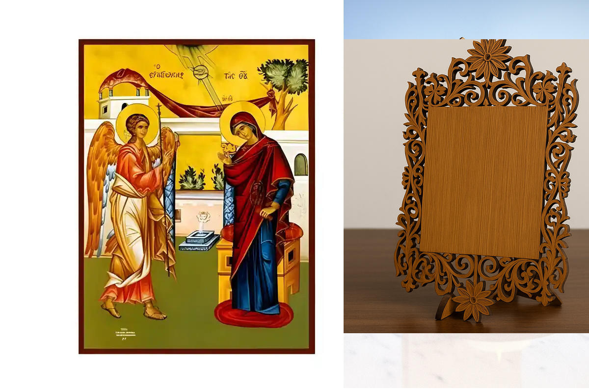 Σετ των 2 Εικόνα Ορθοδοξίας Δαντέλα μαζι με  Βάση σε  8 χρώματα με περίγραμμα χρυσό σε ξύλο Plywood (Πλακάζ)   με  βάση Εικόνα Ευαγγελισμός της Θεοτόκου Χειροποίητη Ελληνορθόδοξη , Κρεμαστή πλάκα βυζαντινής τέχνης, χριστιανική τέχνη Διάσταση 10x7 cm (3,9