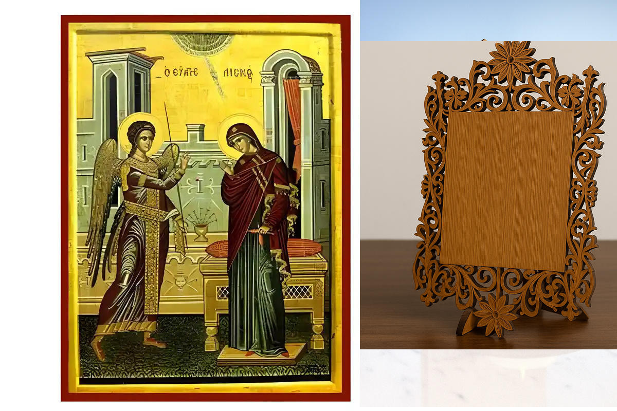Σετ των 2 Εικόνα Ορθοδοξίας Δαντέλα μαζι με  Βάση σε  8 χρώματα με περίγραμμα χρυσό σε ξύλο Plywood (Πλακάζ)   με  βάση Εικόνα Ευαγγελισμός της Θεοτόκου Χειροποίητη Ελληνορθόδοξη , Κρεμαστή πλάκα βυζαντινής τέχνης, χριστιανική τέχνη Διάσταση 10x7 cm (3,9