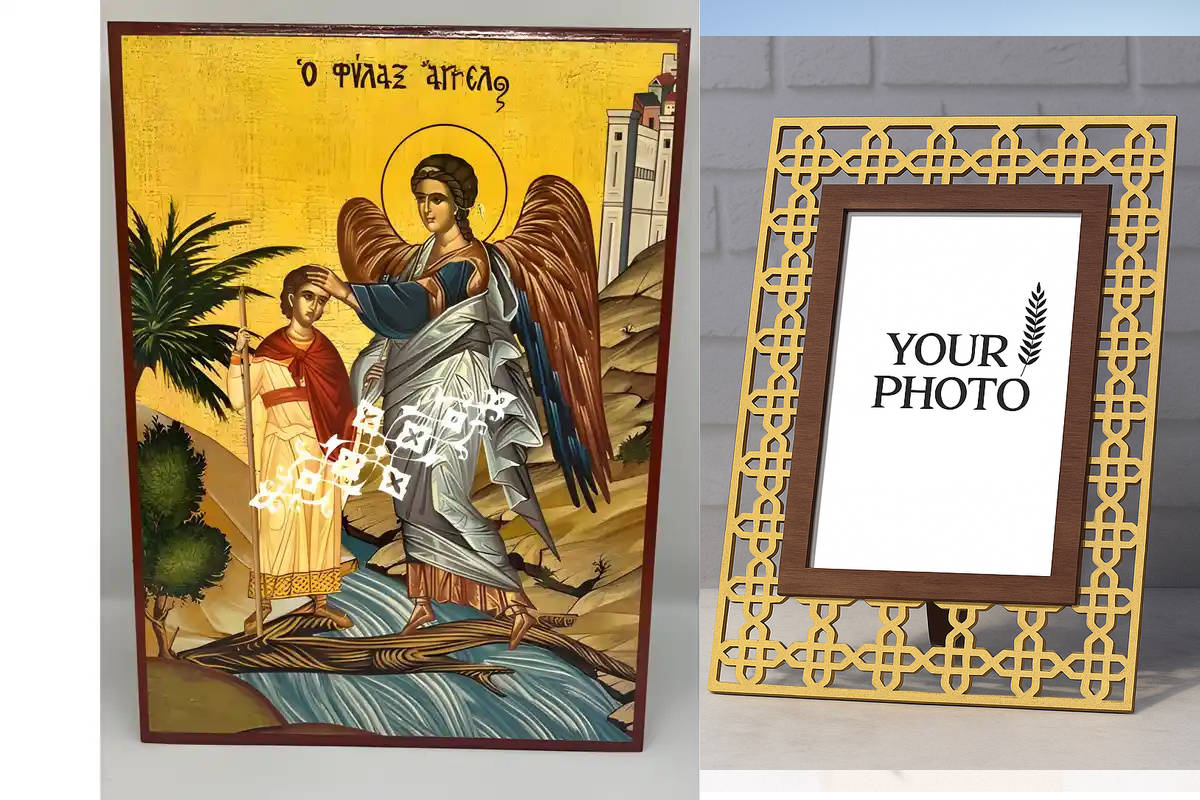 Εικόνα Ορθοδοξίας Πολυτελείας  με  σχεδιο Σταυρούς μαζι με  Βάση σε  8 χρώματα με περίγραμμα χρυσό σε ξύλο Plywood (Πλακάζ)   με  βάση Εικόνα Άγγελος Φύλαξ Χειροποίητη Ελληνορθόδοξη , Κρεμαστή πλάκα βυζαντινής τέχνης, χριστιανική τέχνη Διάσταση 10x7 cm (3