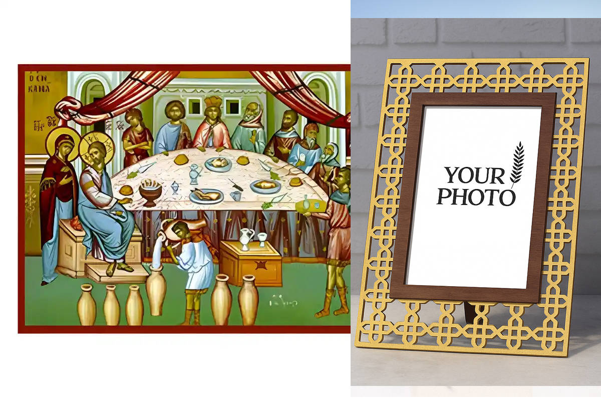 Εικόνα Ορθοδοξίας Πολυτελείας  με  σχεδιο Σταυρούς μαζι με  Βάση σε  8 χρώματα με περίγραμμα χρυσό σε ξύλο Plywood (Πλακάζ)   με  βάση Εικόνα Γάμος εν Κανά Χειροποίητη Ελληνορθόδοξη , Κρεμαστή πλάκα βυζαντινής τέχνης, χριστιανική τέχνη Διάσταση 10x7 cm (3