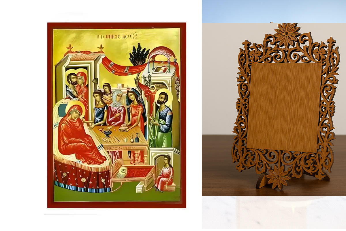 Σετ των 2 Εικόνα Ορθοδοξίας Δαντέλα μαζι με  Βάση σε  8 χρώματα με περίγραμμα χρυσό σε ξύλο Plywood (Πλακάζ)   με  βάση Εικόνα Γέννηση της Θεοτόκου Χειροποίητη Ελληνορθόδοξη , Κρεμαστή πλάκα βυζαντινής τέχνης, χριστιανική τέχνη Διάσταση 10x7 cm (3,9 x 2,8