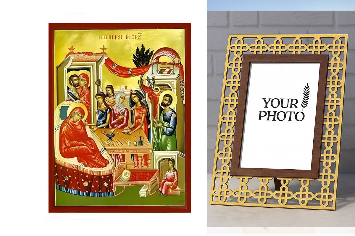 Εικόνα Ορθοδοξίας Πολυτελείας  με  σχεδιο Σταυρούς μαζι με  Βάση σε  8 χρώματα με περίγραμμα χρυσό σε ξύλο Plywood (Πλακάζ)   με  βάση Εικόνα Γέννηση της Θεοτόκου Χειροποίητη Ελληνορθόδοξη , Κρεμαστή πλάκα βυζαντινής τέχνης, χριστιανική τέχνη Διάσταση 10x