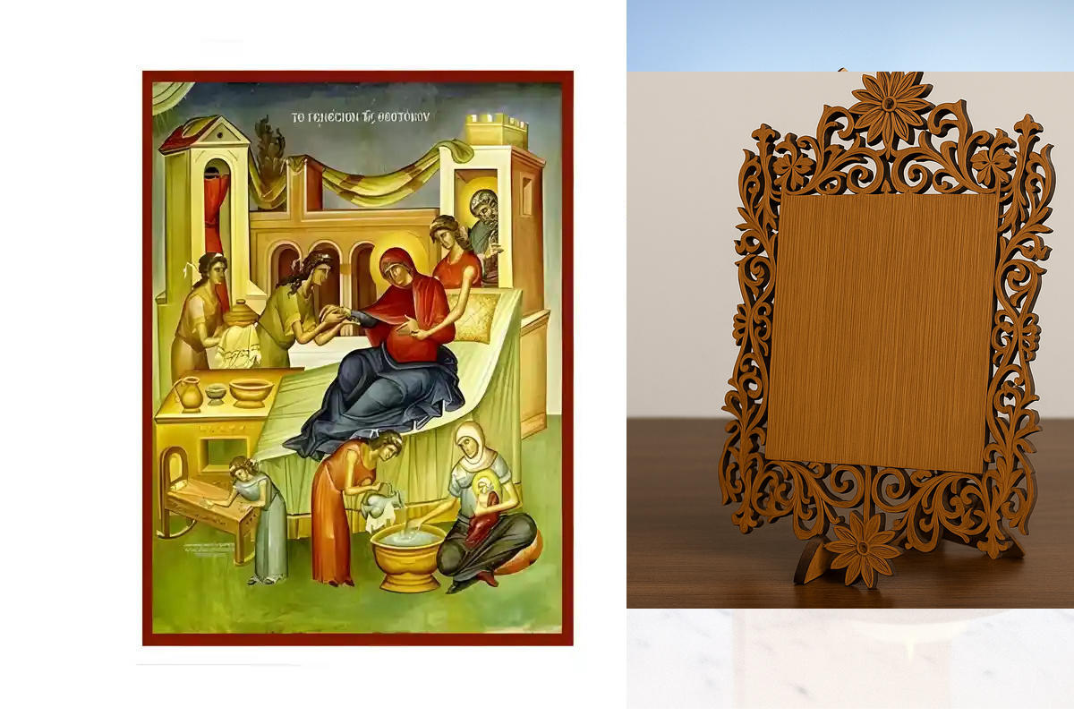 Σετ των 2 Εικόνα Ορθοδοξίας Δαντέλα μαζι με  Βάση σε  8 χρώματα με περίγραμμα χρυσό σε ξύλο Plywood (Πλακάζ)   με  βάση Εικόνα Γέννηση της Θεοτόκου Χειροποίητη Ελληνορθόδοξη , Κρεμαστή πλάκα βυζαντινής τέχνης, χριστιανική τέχνη Διάσταση 10x7 cm (3,9 x 2,8