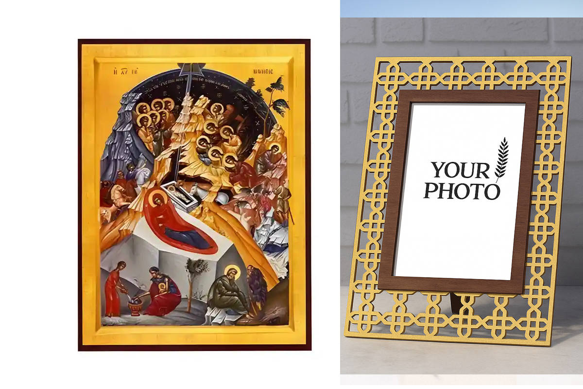 Εικόνα Ορθοδοξίας Πολυτελείας  με  σχεδιο Σταυρούς μαζι με  Βάση σε  8 χρώματα με περίγραμμα χρυσό σε ξύλο Plywood (Πλακάζ)   με  βάση Εικόνα Γέννηση του Χριστού Χειροποίητη Ελληνορθόδοξη , Κρεμαστή πλάκα βυζαντινής τέχνης, χριστιανική τέχνη Διάσταση 10x7