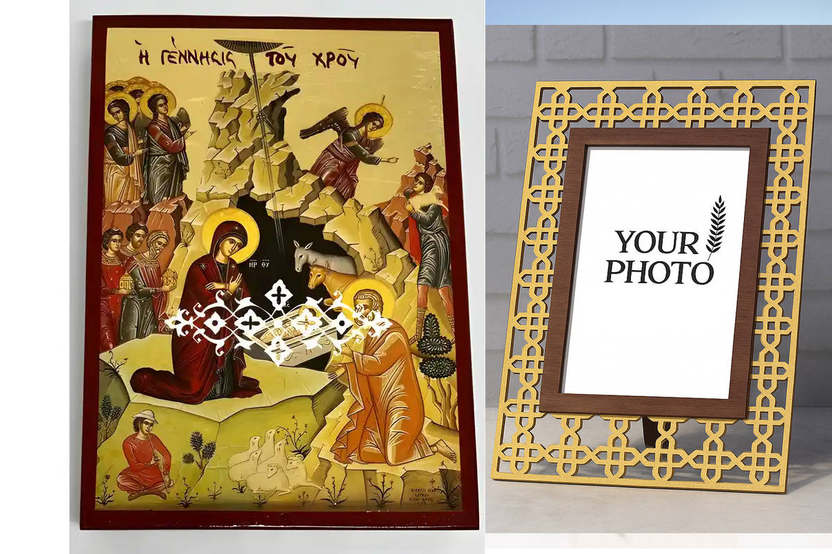 Σετ των 2 Εικόνα Ορθοδοξίας Πολυτελείας  με  σχεδιο Σταυρούς μαζι με  Βάση σε  8 χρώματα με περίγραμμα χρυσό σε ξύλο Plywood (Πλακάζ)   με  βάση Εικόνα Γέννηση του Χριστού Χειροποίητη Ελληνορθόδοξη , Κρεμαστή πλάκα βυζαντινής τέχνης, χριστιανική τέχνη Διά