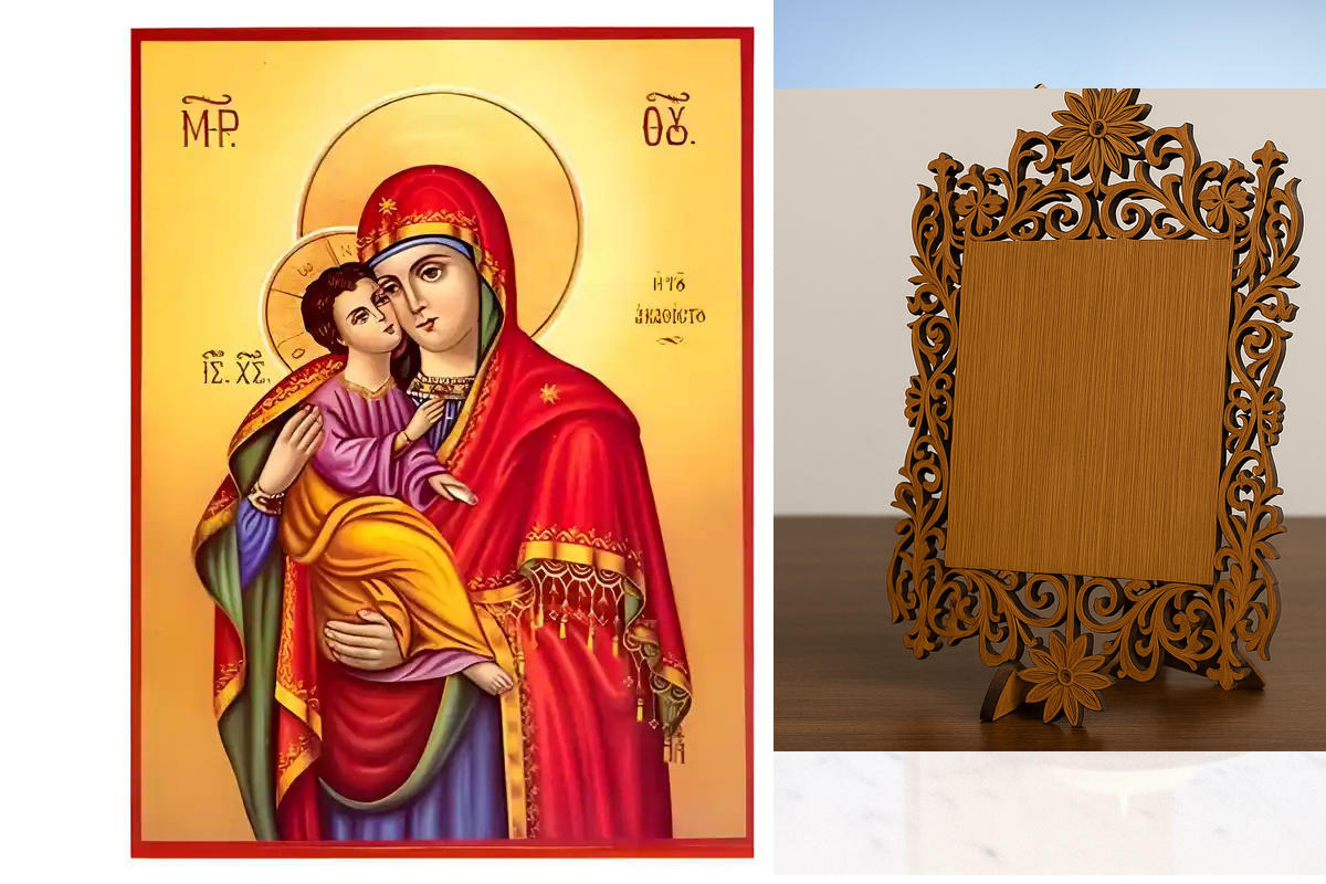 Σετ των 2 Εικόνα Ορθοδοξίας Δαντέλα μαζι με  Βάση σε  8 χρώματα με περίγραμμα χρυσό σε ξύλο Plywood (Πλακάζ)   με  βάση Εικόνα Παναγία Ακαθίστου Χειροποίητη Ελληνορθόδοξη , Κρεμαστή πλάκα βυζαντινής τέχνης, χριστιανική τέχνη Διάσταση 10x7 cm (3,9 x 2,8 ίν
