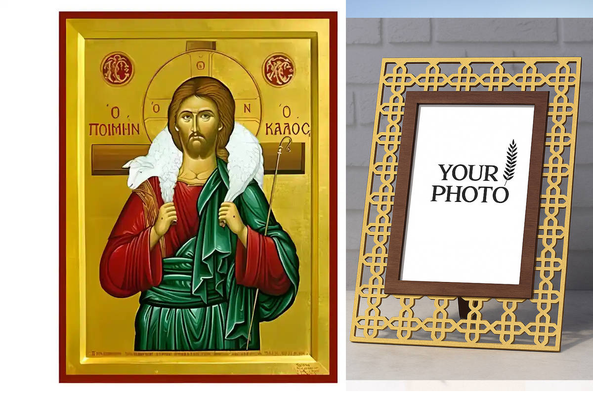 Εικόνα Ορθοδοξίας Πολυτελείας  με  σχεδιο Σταυρούς μαζι με  Βάση σε  8 χρώματα με περίγραμμα χρυσό σε ξύλο Plywood (Πλακάζ)   με  βάση Εικόνα Καλός Ποιμένας Χειροποίητη Ελληνορθόδοξη , Κρεμαστή πλάκα βυζαντινής τέχνης, χριστιανική τέχνη Διάσταση 10x7 cm (