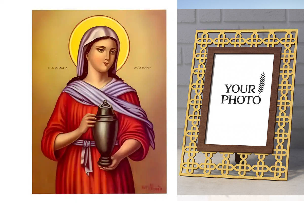 Εικόνα Ορθοδοξίας Πολυτελείας  με  σχεδιο Σταυρούς μαζι με  Βάση σε  8 χρώματα με περίγραμμα χρυσό σε ξύλο Plywood (Πλακάζ)   με  βάση Εικόνα Αγία Μαρία Μαγδαληνή Χειροποίητη Ελληνορθόδοξη , Κρεμαστή πλάκα βυζαντινής τέχνης, χριστιανική τέχνη Διάσταση 10x