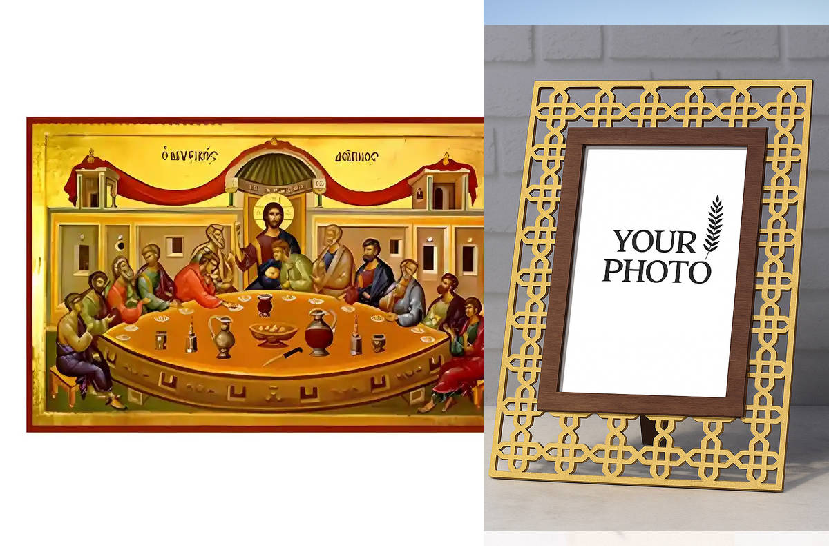 Εικόνα Ορθοδοξίας Πολυτελείας  με  σχεδιο Σταυρούς μαζι με  Βάση σε  8 χρώματα με περίγραμμα χρυσό σε ξύλο Plywood (Πλακάζ)   με  βάση Εικόνα Μυστικός Δείπνος Χειροποίητη Ελληνορθόδοξη , Κρεμαστή πλάκα βυζαντινής τέχνης, χριστιανική τέχνη Διάσταση 10x7 cm