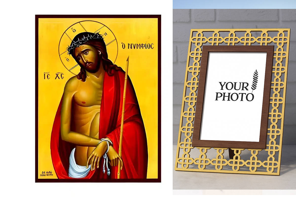 Εικόνα Ορθοδοξίας Πολυτελείας  με  σχεδιο Σταυρούς μαζι με  Βάση σε  8 χρώματα με περίγραμμα χρυσό σε ξύλο Plywood (Πλακάζ)   με  βάση Εικόνα Χριστός Νυμφίος Χειροποίητη Ελληνορθόδοξη , Κρεμαστή πλάκα βυζαντινής τέχνης, χριστιανική τέχνη Διάσταση 10x7 cm