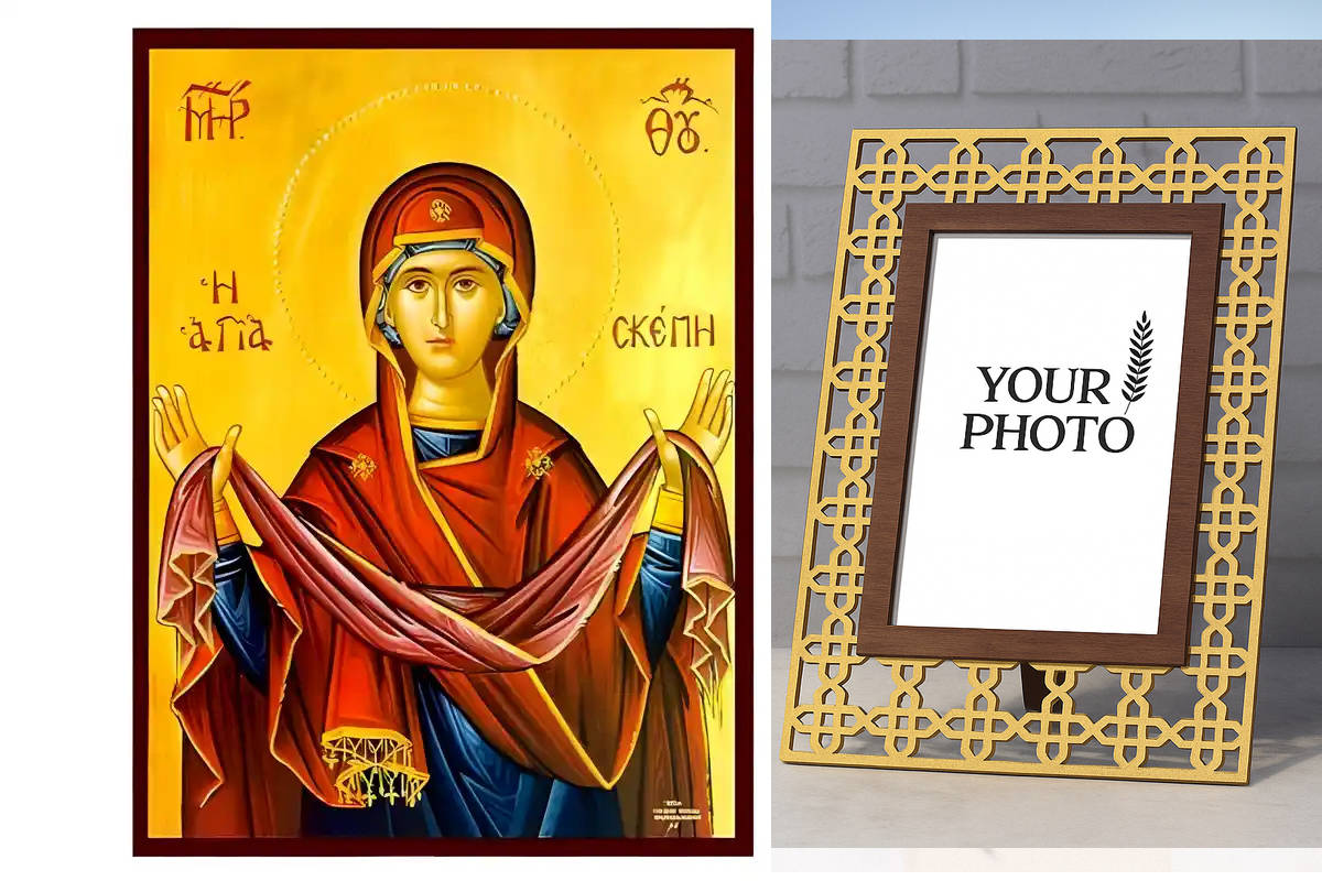 Εικόνα Ορθοδοξίας Πολυτελείας  με  σχεδιο Σταυρούς μαζι με  Βάση σε  8 χρώματα με περίγραμμα χρυσό σε ξύλο Plywood (Πλακάζ)   με  βάση Εικόνα Παναγία η Αγία Σκέπη Χειροποίητη Ελληνορθόδοξη , Κρεμαστή πλάκα βυζαντινής τέχνης, χριστιανική τέχνη Διάσταση 10x