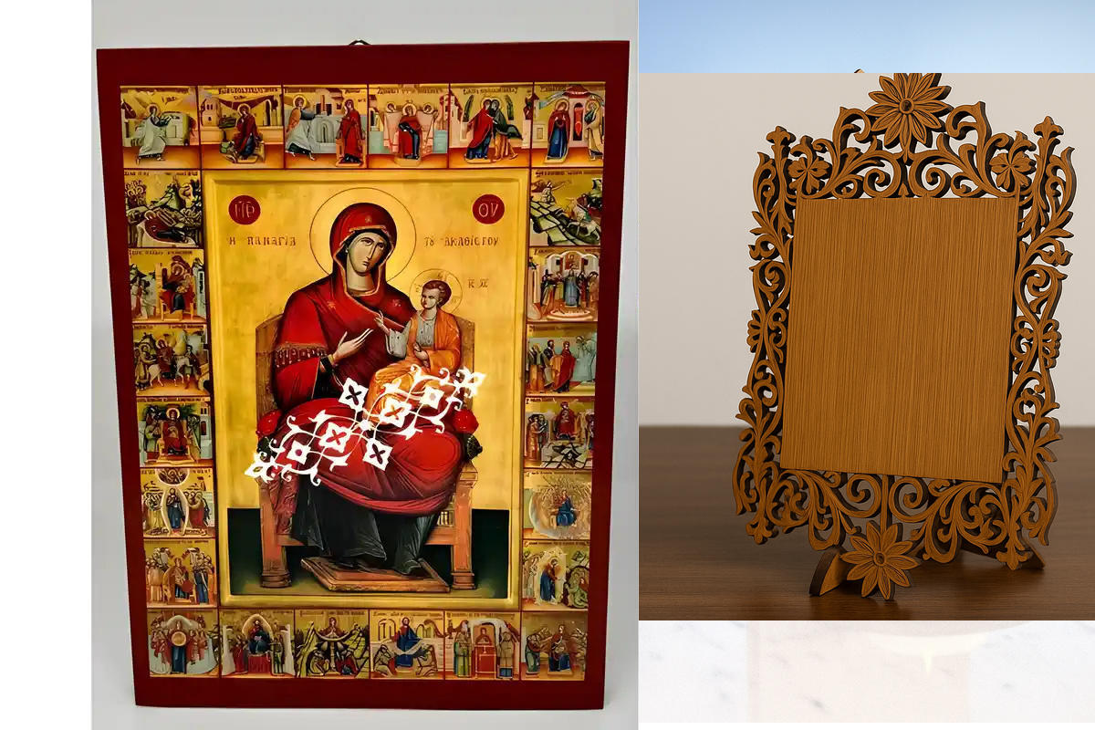 Σετ των 2 Εικόνα Ορθοδοξίας Δαντέλα μαζι με  Βάση σε  8 χρώματα με περίγραμμα χρυσό σε ξύλο Plywood (Πλακάζ)   με  βάση Εικόνα Παναγία Ακαθίστου Χειροποίητη Ελληνορθόδοξη , Κρεμαστή πλάκα βυζαντινής τέχνης, χριστιανική τέχνη Διάσταση 10x7 cm (3,9 x 2,8 ίν