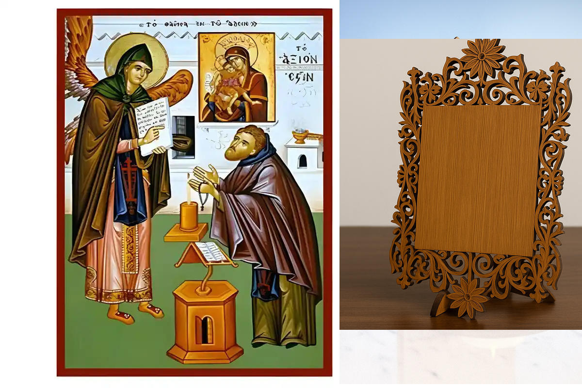 Σετ των 2 Εικόνα Ορθοδοξίας Δαντέλα μαζι με  Βάση σε  8 χρώματα με περίγραμμα χρυσό σε ξύλο Plywood (Πλακάζ)   με  βάση Εικόνα Άξιον Εστί, το θαύμα εν τω Άδειν Χειροποίητη Ελληνορθόδοξη , Κρεμαστή πλάκα βυζαντινής τέχνης, χριστιανική τέχνη Διάσταση 10x7 c
