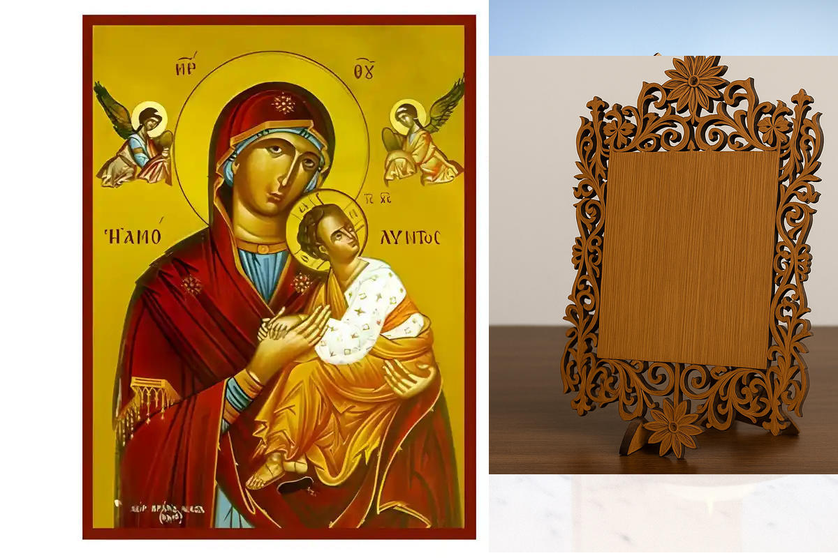 Σετ των 2 Εικόνα Ορθοδοξίας Δαντέλα μαζι με  Βάση σε  8 χρώματα με περίγραμμα χρυσό σε ξύλο Plywood (Πλακάζ)   με  βάση Εικόνα Παναγία Αμόλυντος Χειροποίητη Ελληνορθόδοξη , Κρεμαστή πλάκα βυζαντινής τέχνης, χριστιανική τέχνη Διάσταση 10x7 cm (3,9 x 2,8 ίν