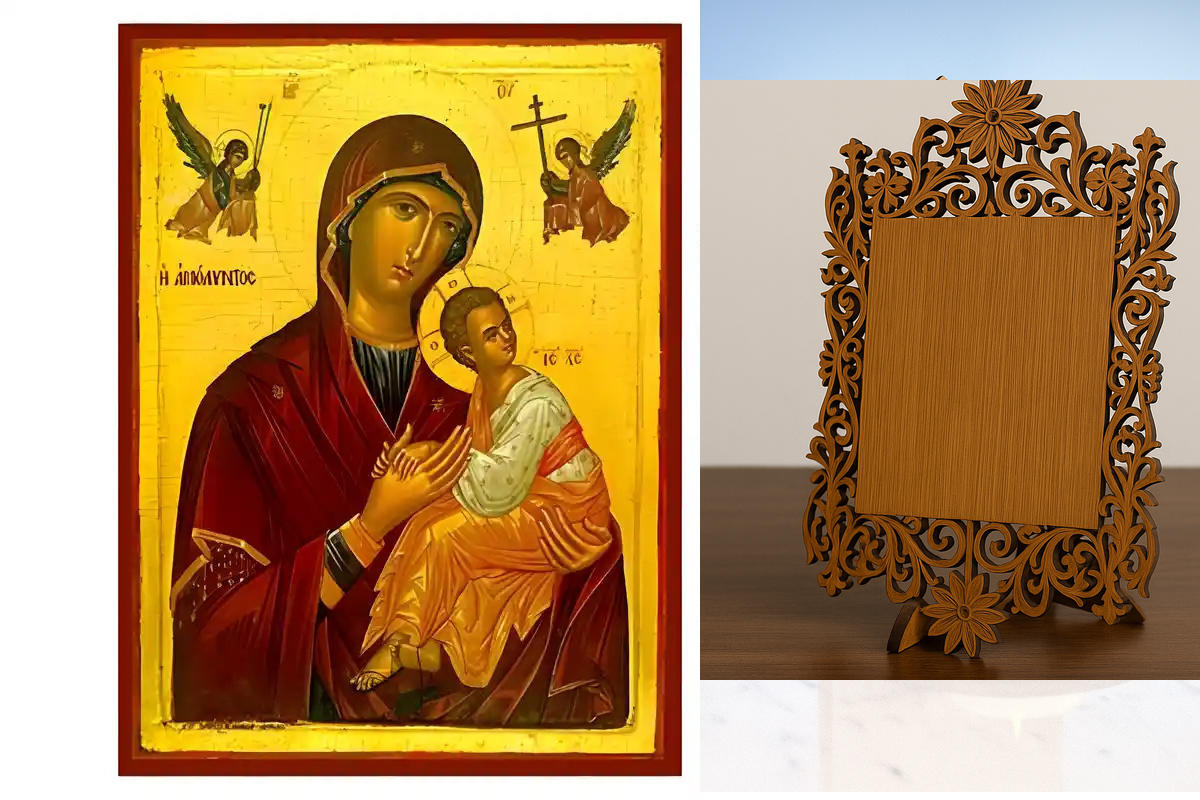Σετ των 2 Εικόνα Ορθοδοξίας Δαντέλα μαζι με  Βάση σε  8 χρώματα με περίγραμμα χρυσό σε ξύλο Plywood (Πλακάζ)   με  βάση Εικόνα Παναγία Αμόλυντος Χειροποίητη Ελληνορθόδοξη , Κρεμαστή πλάκα βυζαντινής τέχνης, χριστιανική τέχνη Διάσταση 10x7 cm (3,9 x 2,8 ίν