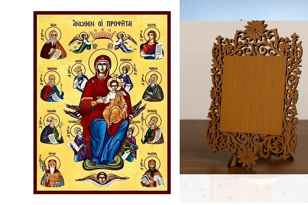 Σετ των 2 Εικόνα Ορθοδοξίας Δαντέλα μαζι με  Βάση σε  8 χρώματα με περίγραμμα χρυσό σε ξύλο Plywood (Πλακάζ)   με  βάση Εικόνα Παναγια Ανωθεν οι Προφηται Ενθρονη Χειροποίητη Ελληνορθόδοξη , Κρεμαστή πλάκα βυζαντινής τέχνης, χριστιανική τέχνη Διάσταση 10x7