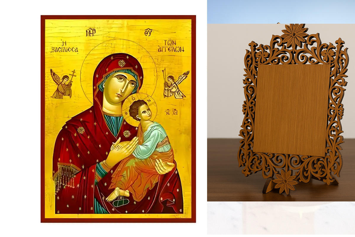 Σετ των 2 Εικόνα Ορθοδοξίας Δαντέλα μαζι με  Βάση σε  8 χρώματα με περίγραμμα χρυσό σε ξύλο Plywood (Πλακάζ)   με  βάση Εικόνα Παναγία Βασίλισσα των Αγγέλων Χειροποίητη Ελληνορθόδοξη , Κρεμαστή πλάκα βυζαντινής τέχνης, χριστιανική τέχνη Διάσταση 10x7 cm (