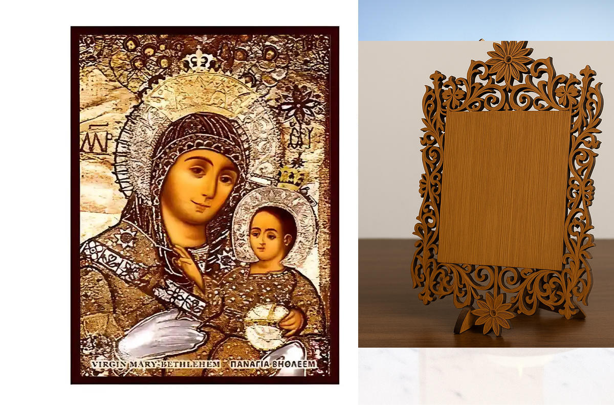 Σετ των 2 Εικόνα Ορθοδοξίας Δαντέλα μαζι με  Βάση σε  8 χρώματα με περίγραμμα χρυσό σε ξύλο Plywood (Πλακάζ)   με  βάση Εικόνα Παναγία Βηθλεεμίτισσα Χειροποίητη Ελληνορθόδοξη , Κρεμαστή πλάκα βυζαντινής τέχνης, χριστιανική τέχνη Διάσταση 10x7 cm (3,9 x 2,