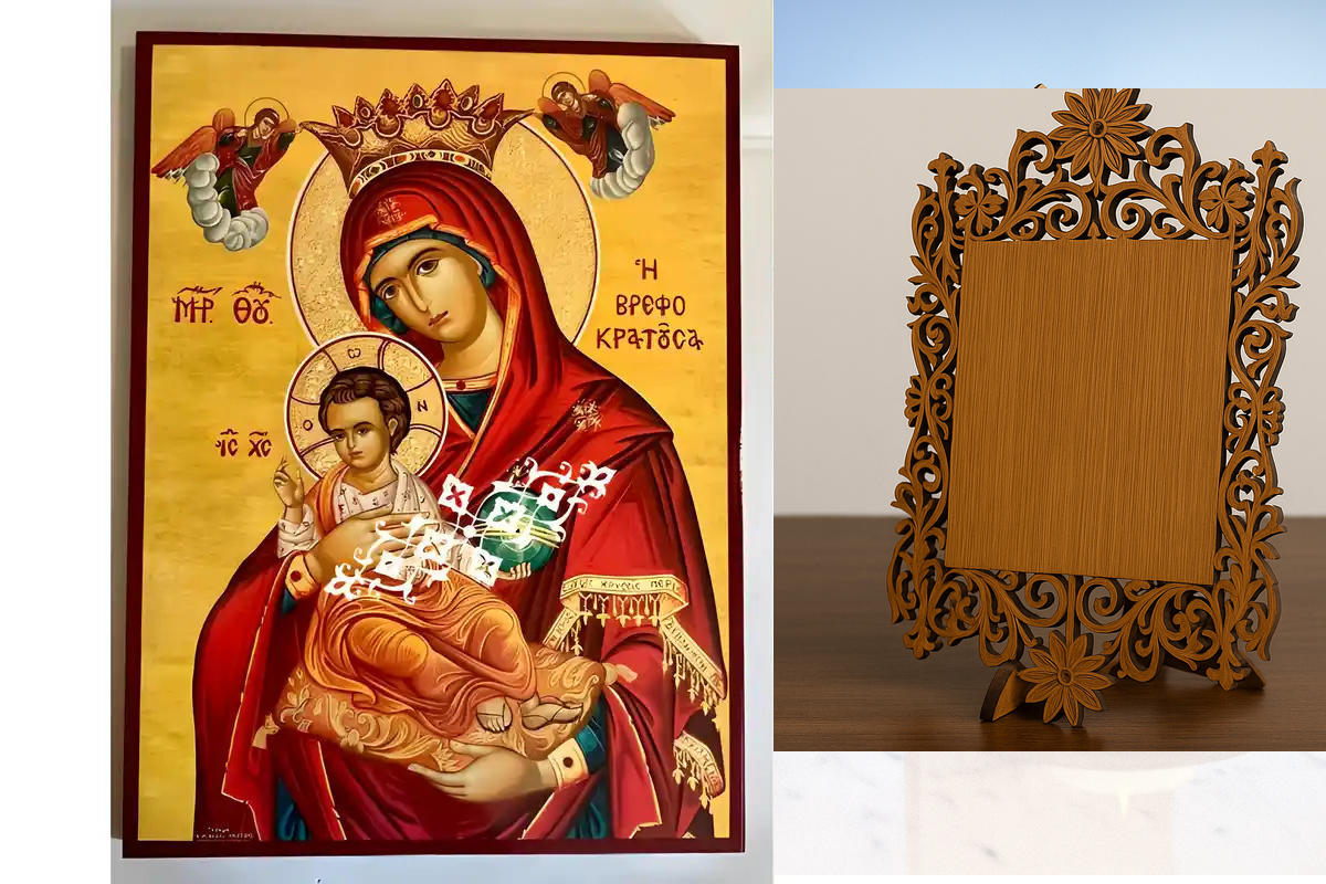 Σετ των 2 Εικόνα Ορθοδοξίας Δαντέλα μαζι με  Βάση σε  8 χρώματα με περίγραμμα χρυσό σε ξύλο Plywood (Πλακάζ)   με  βάση Εικόνα Παναγία Βρεφοκρατούσα Χειροποίητη Ελληνορθόδοξη , Κρεμαστή πλάκα βυζαντινής τέχνης, χριστιανική τέχνη Διάσταση 10x7 cm (3,9 x 2,