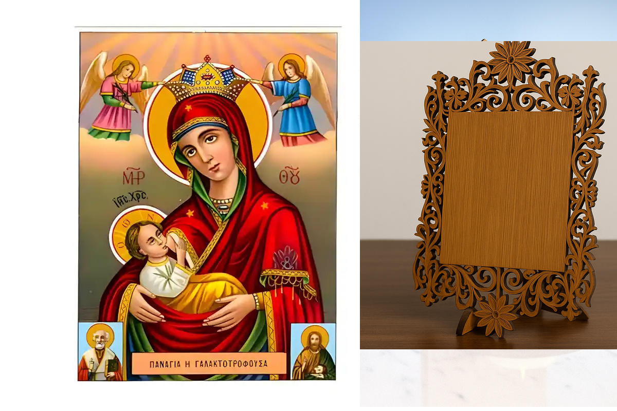 Σετ των 2 Εικόνα Ορθοδοξίας Δαντέλα μαζι με  Βάση σε  8 χρώματα με περίγραμμα χρυσό σε ξύλο Plywood (Πλακάζ)   με  βάση Εικόνα Παναγία Γαλακτοτροφούσα Χειροποίητη Ελληνορθόδοξη , Κρεμαστή πλάκα βυζαντινής τέχνης, χριστιανική τέχνη Διάσταση 10x7 cm (3,9 x