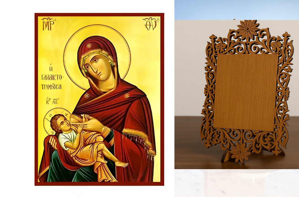 Σετ των 2 Εικόνα Ορθοδοξίας Δαντέλα μαζι με  Βάση σε  8 χρώματα με περίγραμμα χρυσό σε ξύλο Plywood (Πλακάζ)   με  βάση Εικόνα Παναγία Γαλακτοτροφούσα Χειροποίητη Ελληνορθόδοξη , Κρεμαστή πλάκα βυζαντινής τέχνης, χριστιανική τέχνη Διάσταση 10x7 cm (3,9 x