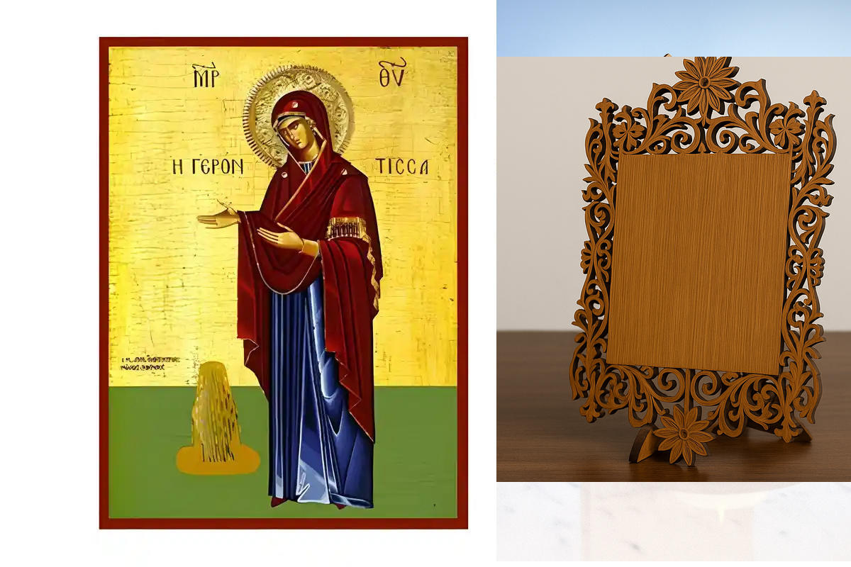 Σετ των 2 Εικόνα Ορθοδοξίας Δαντέλα μαζι με  Βάση σε  8 χρώματα με περίγραμμα χρυσό σε ξύλο Plywood (Πλακάζ)   με  βάση Εικόνα Παναγία Γερόντισσα Χειροποίητη Ελληνορθόδοξη , Κρεμαστή πλάκα βυζαντινής τέχνης, χριστιανική τέχνη Διάσταση 10x7 cm (3,9 x 2,8 ί
