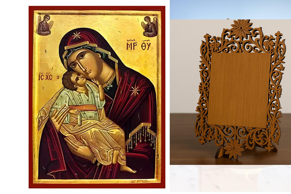 Σετ των 2 Εικόνα Ορθοδοξίας Δαντέλα μαζι με  Βάση σε  8 χρώματα με περίγραμμα χρυσό σε ξύλο Plywood (Πλακάζ)   με  βάση Εικόνα Παναγία Γλυκοφιλούσα Χειροποίητη Ελληνορθόδοξη , Κρεμαστή πλάκα βυζαντινής τέχνης, χριστιανική τέχνη Διάσταση 10x7 cm (3,9 x 2,8