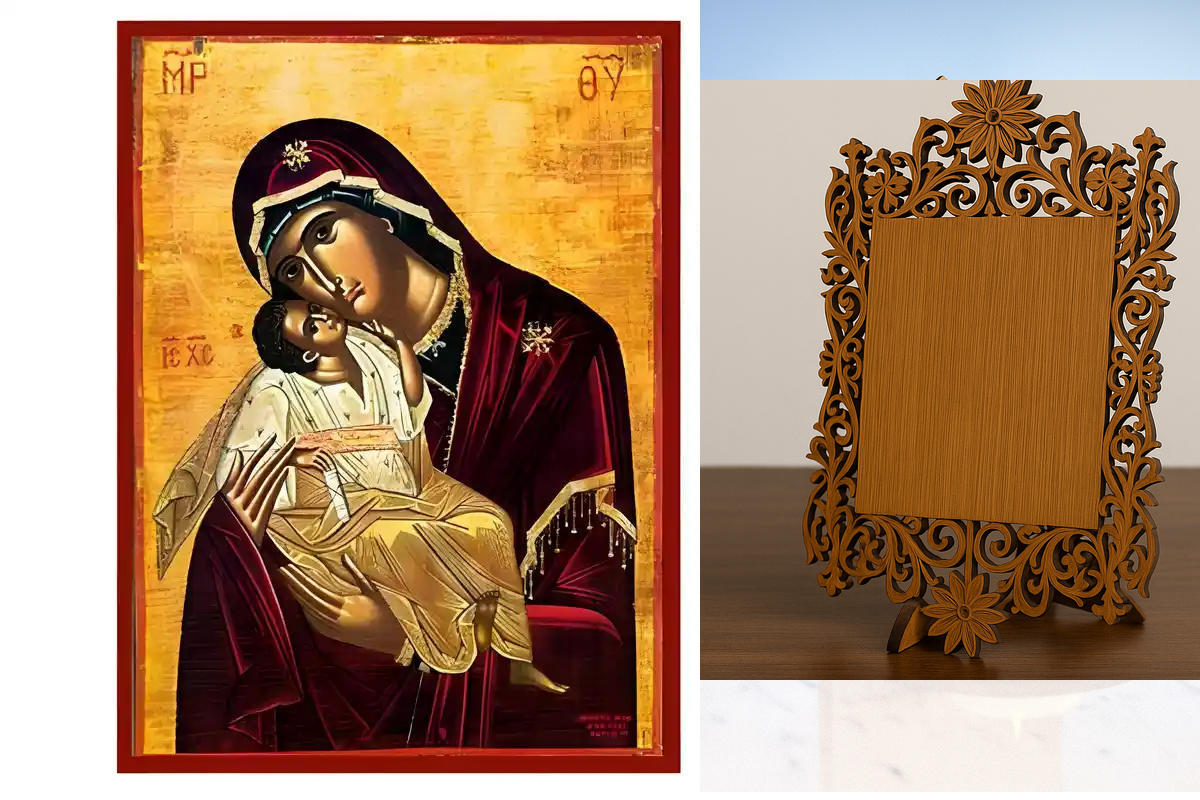 Σετ των 2 Εικόνα Ορθοδοξίας Δαντέλα μαζι με  Βάση σε  8 χρώματα με περίγραμμα χρυσό σε ξύλο Plywood (Πλακάζ)   με  βάση Εικόνα Παναγία Γλυκοφιλούσα Χειροποίητη Ελληνορθόδοξη , Κρεμαστή πλάκα βυζαντινής τέχνης, χριστιανική τέχνη Διάσταση 10x7 cm (3,9 x 2,8