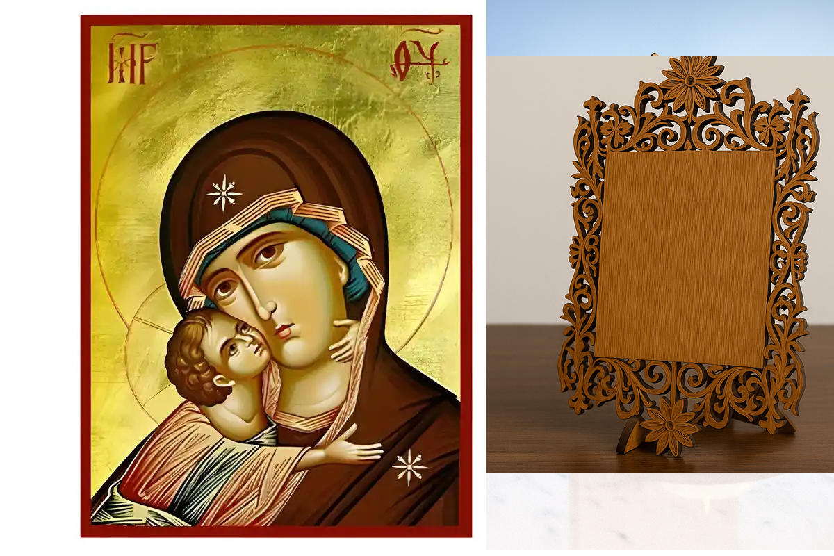 Σετ των 2 Εικόνα Ορθοδοξίας Δαντέλα μαζι με  Βάση σε  8 χρώματα με περίγραμμα χρυσό σε ξύλο Plywood (Πλακάζ)   με  βάση Εικόνα Παναγία Γλυκοφιλούσα Χειροποίητη Ελληνορθόδοξη , Κρεμαστή πλάκα βυζαντινής τέχνης, χριστιανική τέχνη Διάσταση 10x7 cm (3,9 x 2,8