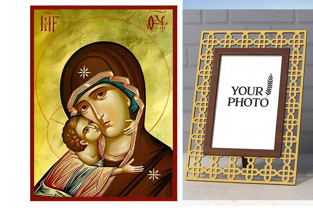 Σετ των 2 Εικόνα Ορθοδοξίας Πολυτελείας  με  σχεδιο Σταυρούς μαζι με  Βάση σε  8 χρώματα με περίγραμμα χρυσό σε ξύλο Plywood (Πλακάζ)   με  βάση Εικόνα Παναγία Γλυκοφιλούσα Χειροποίητη Ελληνορθόδοξη , Κρεμαστή πλάκα βυζαντινής τέχνης, χριστιανική τέχνη Δι